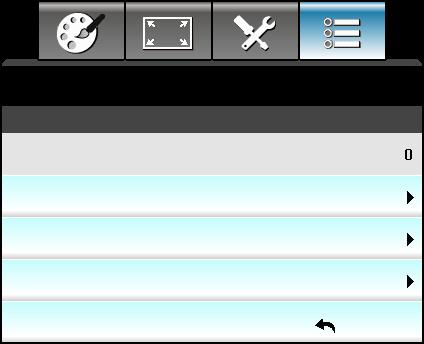 PROJEKTORIN KÄYTTÖ Valinnat Valinnaiset suodatinasetukset -valikko Filter Usage Hours VALINNAT Optional Filter Settings Optional Filter Installed Filter Reminder Kyllä 500 hr Filter Reset Filter