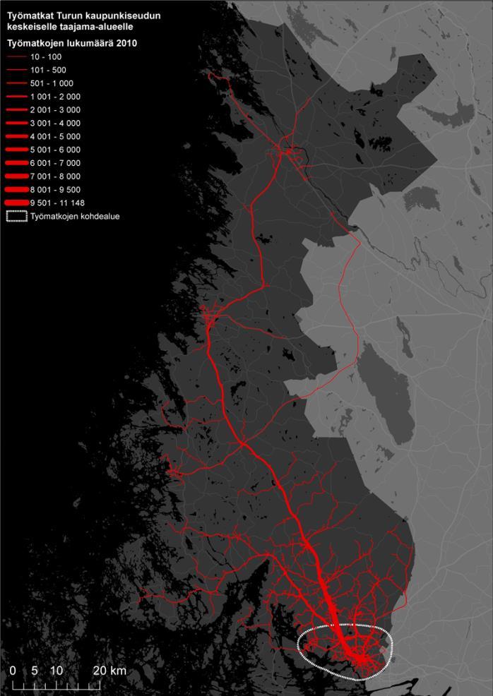 MAL-GIS: Seutujen asumiskatsausten parhaat käytännöt ja ehdotus seudullisen asumiskatsauksen mallista 4-12 Kuva 16 Esimerkki virtauskartasta: Turun kaupunkiseudulle suuntautuvat työmatkat VT8:n
