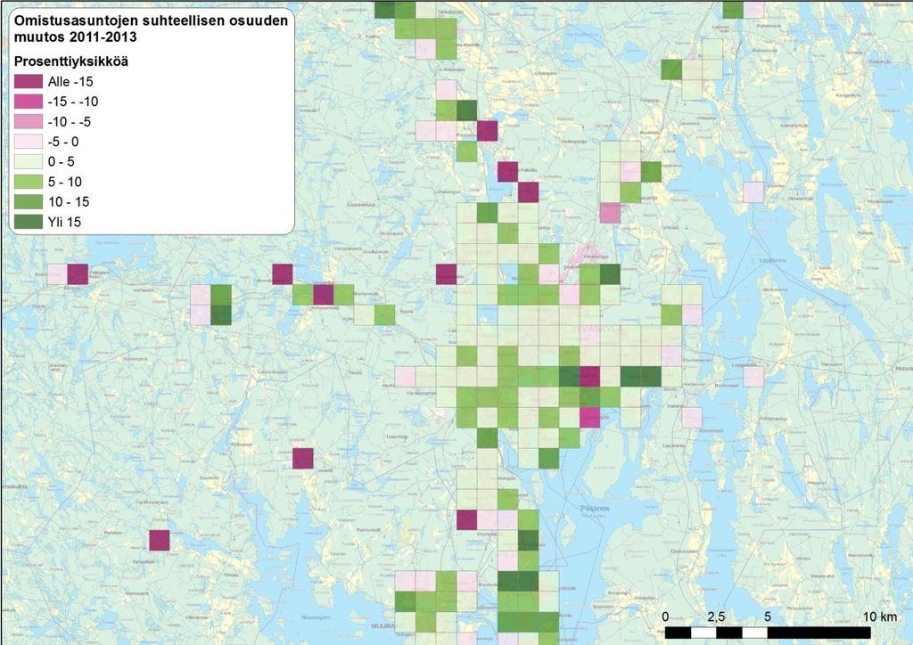 MAL-GIS: Seutujen asumiskatsausten parhaat käytännöt ja ehdotus seudullisen asumiskatsauksen mallista 5-21 Esimerkki: omistussuhteen muutokset 2011-2013 Oheisella kartalla on havainnollistettu