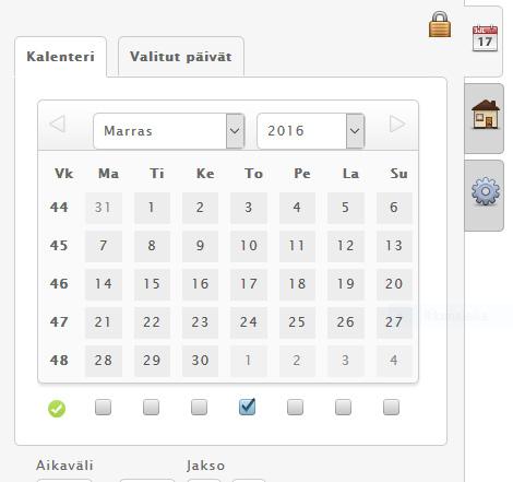 Ajankohdan valinta Ajan valinta aloitetaan painamalla liukupalkista kalenterin kuvaa. Yhden päivän valinta kalenterille tapahtuu klikkaamalla ko. päivää kalenterilla.