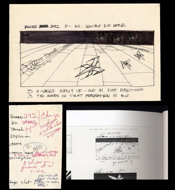 8 Kuvio 4. Joe Johnstonin kuvakäsikirjoitusluonnos ja George Lucasin käsinkirjoitettuja muistiinpanoja elokuvan Star Wars (1977) esituotannosta (Guz Lopez 2009).
