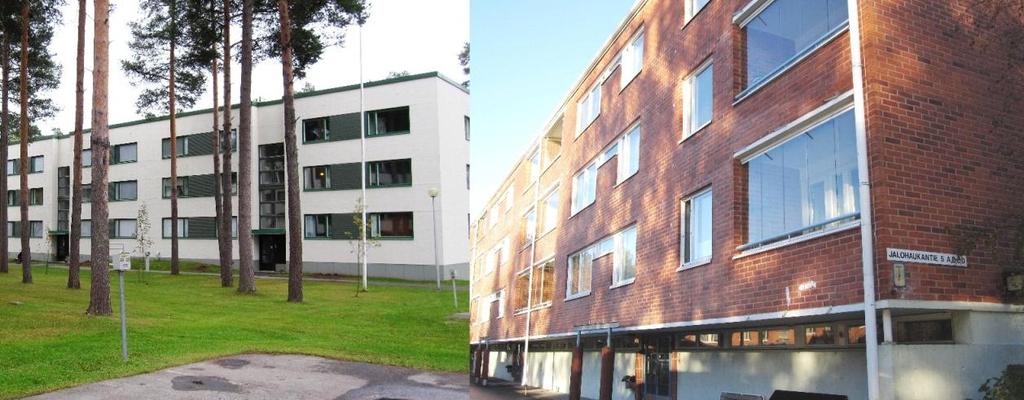 KUVA 15. Porrashuonetyypin 2 rakennusten julkisivuja Rakennuksissa ei ole kellaria, vaan taloyhtiöiden yhteiset tilat sijaitsevat sisäänkäyntikerroksessa. Porrashuoneet ovat pitkiä ja kapeita.