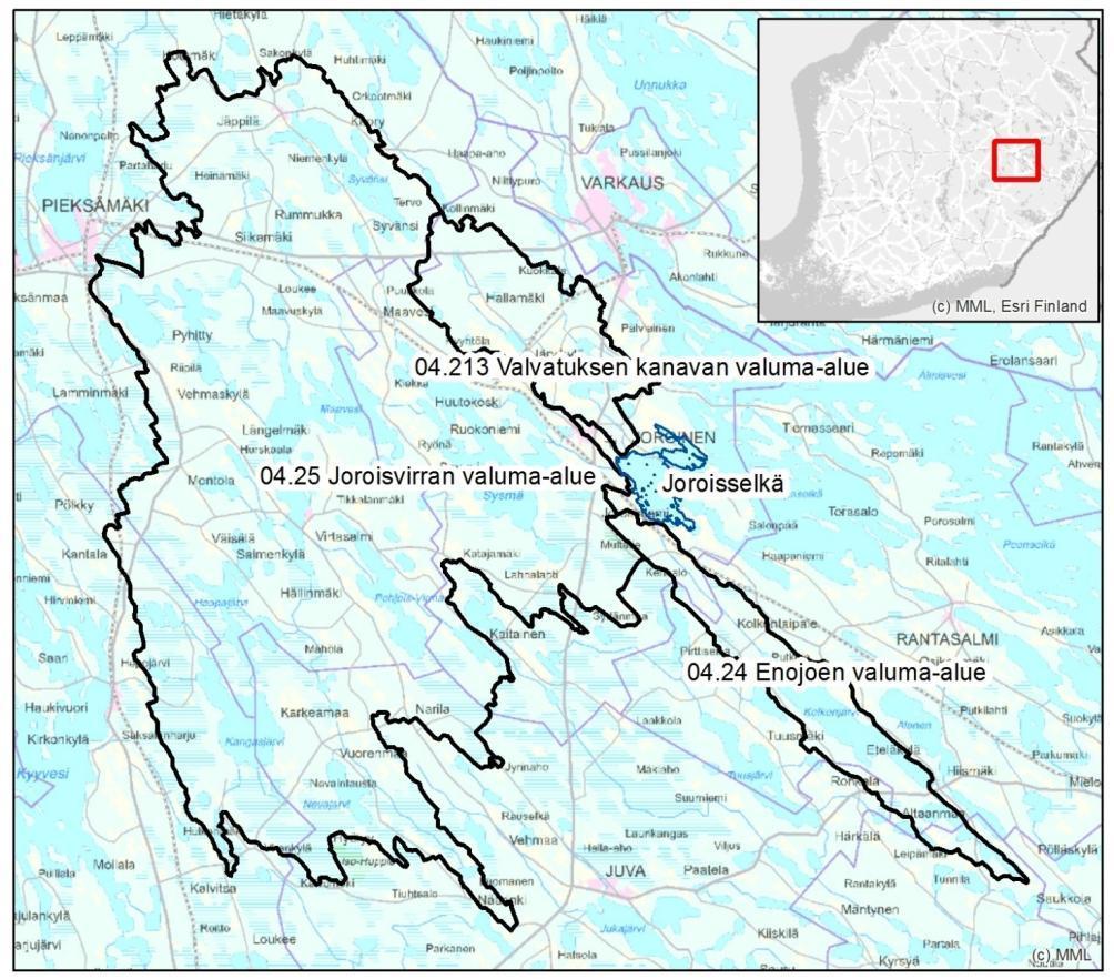 Kuva 1. Joroisselän kaukovaluma-alueet ja sijainti Suomessa. 2. TUTKIMUSMENETELMÄT Selvityksessä käytettiin apuna Suomen ympäristökeskuksen (SYKE) tuottamaa vesistömallijärjestelmää (WSFS).