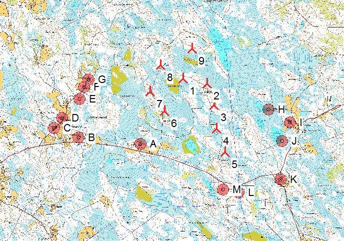 Project: 8K Kyyjärvi kaavaluonnos DECIBEL - Main Result Calculation: Kyyjärvi Hallakangas N131 x 9 x HH144 Noise calculation model: ISO 9613-2 General Wind speed: 8,0 m/s Ground attenuation: General,