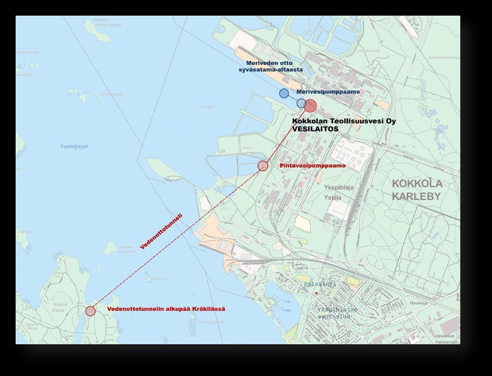 Kuva 1. Kartta vedenottotunnelin, pumppaamoiden ja vesilaitoksen sijainneista. 3.