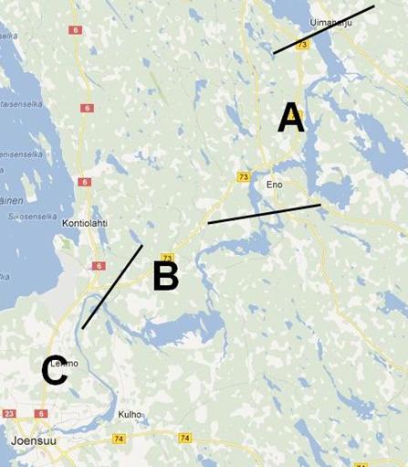 Pielisjoen jako osaalueisiin A) Yläosa, Uimaharju - Kaltimon voimalaitospato (96 rantakiinteistöä) B) Keskiosa, Kaltimon