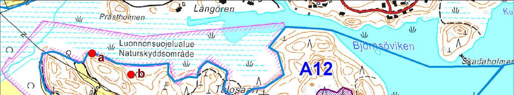 Kuva 9. Ribbingön (A10), Husön tilakeskuksen (A11) ja Talosaaren (A12) osa-alueet ja luontokohteet: 48 kosteikko ja tervaleppälehto, 49 kallioalue, 50 tervaleppälehto, 51 keto, 52 kallioalue.