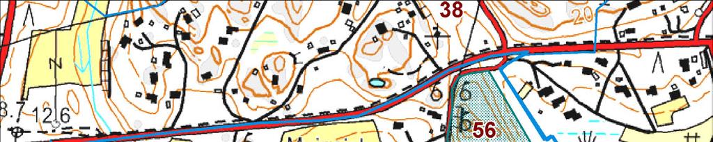 Kuva 11. Korsnäsin osa-alue (A15). Kohde 56 on rinnelehto ja kallioalue. Tien pohjoispuolella on kuivapohjaisempaa, tiheää nuorta tervalepikkoa, jossa kasvaa joitakin varttuneita halavia ja raitoja.