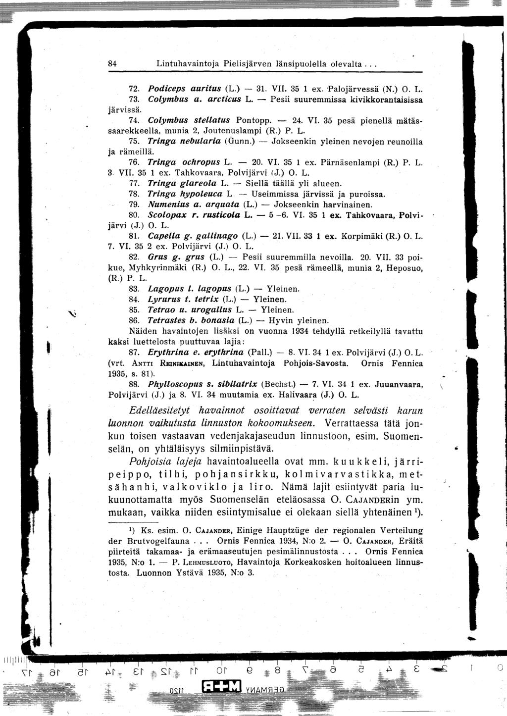 84 Lintuhavaintoja Pielisjärven länsipuolella olevalta... 72. Podiceps auritus (L.) - 31. VII. 35 1 ex. -Palojärvessä (N.) 0. L. 73. Colymbus a. arcticus L.