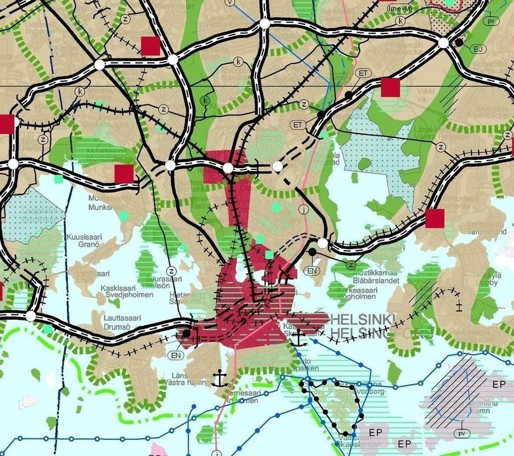 MERKINNÄT Taajamatoimintojen alue Keskustatoimintojen alue Virkistysalue Viheryhteystarve Luonnonsuojelualue Energia- ja/tai jätehuoltoon varattu alue Yhdyskuntateknisen huollon alue Moottoriväylä