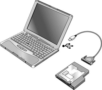 Kannettavan HP-tietokoneen käytön aloittaminen Tietokoneen asentaminen Levykeaseman liittäminen Jos käytössäsi ei ole laajennusalustaa, voit liittää levykeaseman USB-porttiin.
