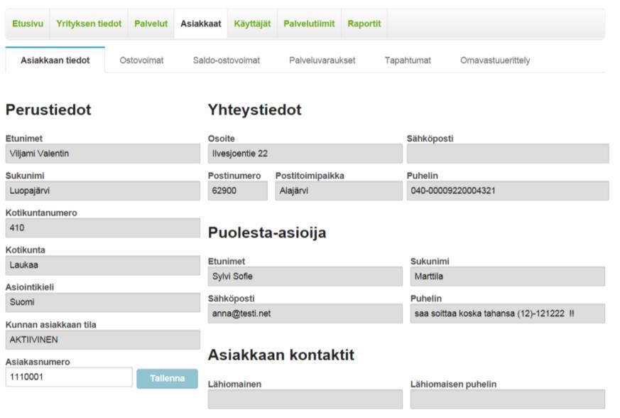 Seuraavassa näkymässä näkyvät asiakkaan tiedot (vain kunnan työntekijä voi päivittää osoite- ja puolestaasioijan tietoja).