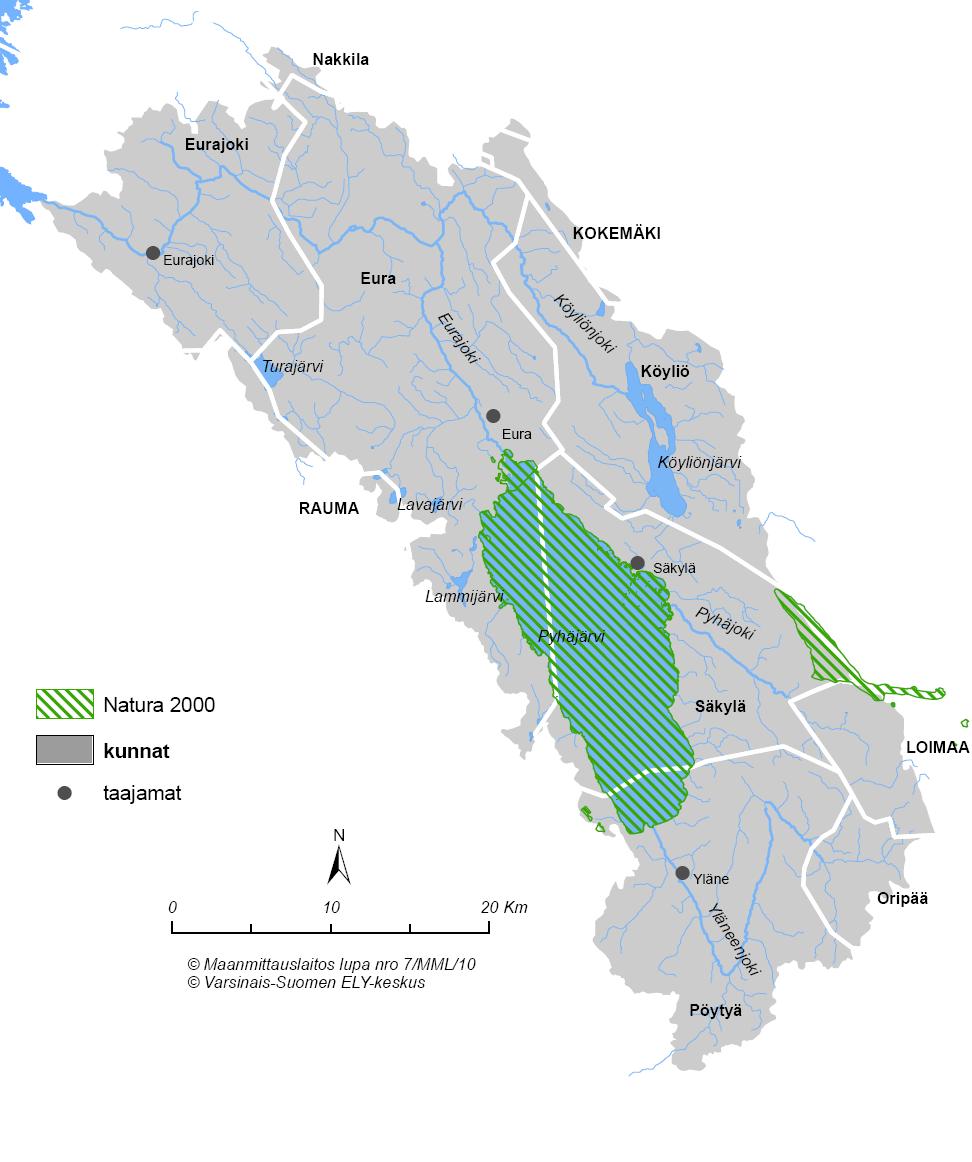 6 Kuva 2. Eurajoen vesistöalue, alueen kuntarajat (valkoiset viivat), tärkeimmät taajamat, järvet ja joet sekä Natura 2000 -alueet.
