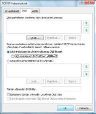 Klikkaa Lisäasetukset-painiketta. 10. Aukeaa TCP/IP:n lisäasetukset-ikkuna. Käy välilehdet läpi. Oletusasetusten tulee olla kuvien mukaiset. 11.