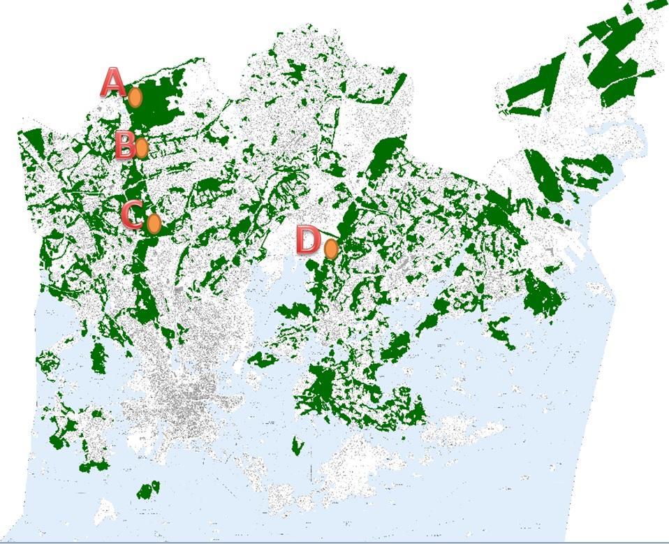 31 arvioidaan tehtävän noin kaksi miljoonaa ulkoilukäyntiä vuosittain (Tossavainen, julkaisematon). Tutkimuksen osa-alueet A C sijoitettiin Keskuspuistoon (kuva 6).