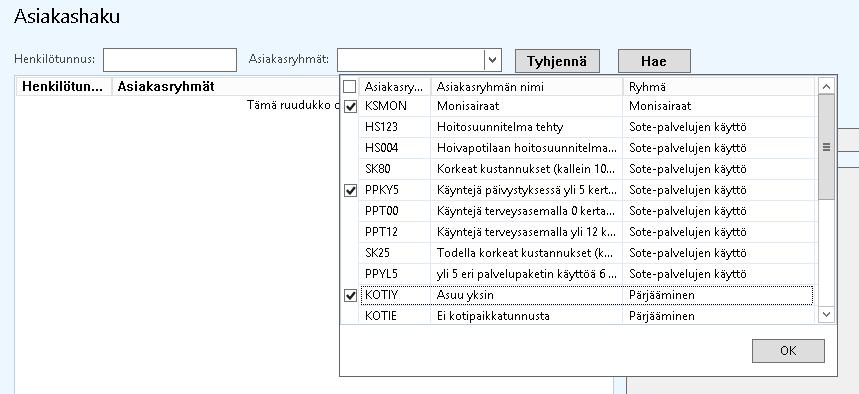 12 (22) Kun halutut asiakastyhmät on valittuna, järjestelmä tuottaa listauksen kyseisiin profiileihin
