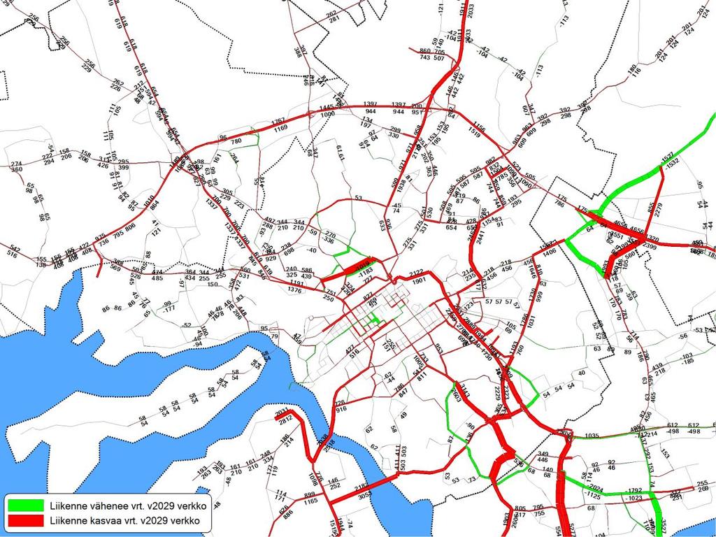 Vuoden 2050 kehitetyn verkon ja vuoden 2029 kehitetyn verkon KVL-ennusteiden ero.