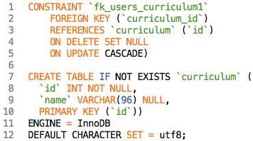 Rivit 1 5 kuuluvat users taulun create table koodiin ja niillä asetetaan viite curriculum tauluun, mikä luodaan riveillä 7 12. Curriculum taulu on tietokannan ainut johon viitataan users taulussa.