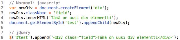 Kuvassa 10 on vertailtu miten normaali JavaScript ja jquery eroavat toisistaan, kun lisätään uusi elementti olemassa olevaan elementtiin.