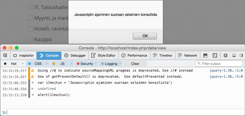 Konsoli mahdollistaa JavaScript-koodin ajamisen suoraan ilman, että järjestelmän tiedostoja tarvitsee muokata. Kuvassa 15 konsolissa luodaan muuttuja ilmoitus, johon asetetaan tekstinpätkä.