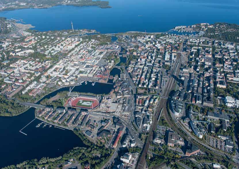 Tulevaisuudessa rannat ovat enenevässä määrin ihmisten käytössä ja järveltä järvelle pääsee kulkemaan rantoja pitkin. Viistoilmakuva Tampereen kaupunki / Lentokuva Vallas, 2016.