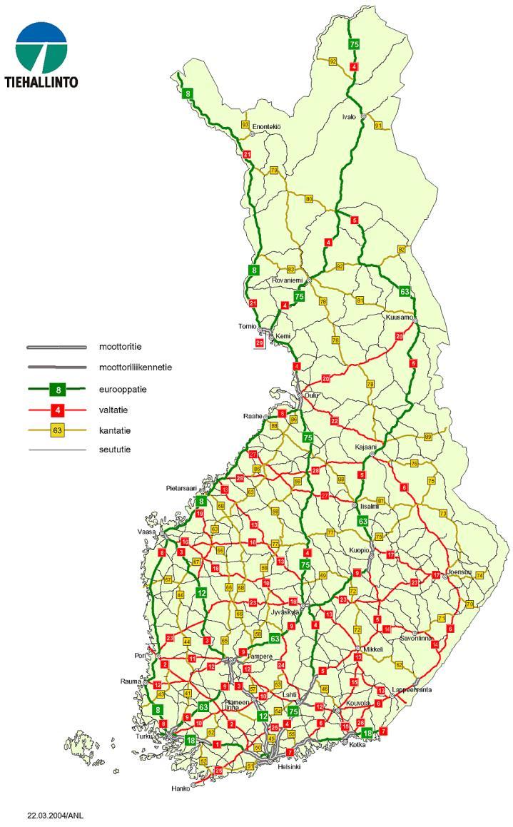 Yksityistiet Suomen laajin tieverkko Maanteitä noin 78.000 km, valta- ja kantateitä 13.000 km, moottoriteitä 700 km siltoja noin 14.