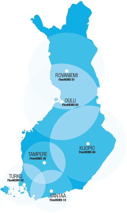 7 Rovaniemi : Rovaniemi ja ympäröivät alueet, Ei lääkäreitä. Työparina kaksi ensihoitajaa. Kuva 1. Kartalla FinnHems-helikopterien asemapaikat, toimialueet ja yksikkötunnukset.