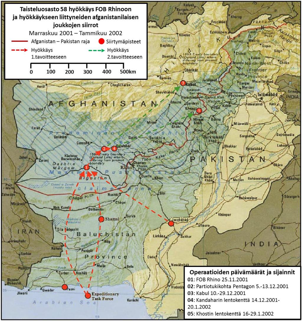 Yliluutnantti Tomi Elorannan Pro gradu -tutkielman LIITE 26 TF-58 HYÖKKÄYS AFGANISTANIIN Kuva 28: Taisteluosasto 58:n hyökkäys Afganistaniin. Lähde: Lowrey 2011, s. 112.