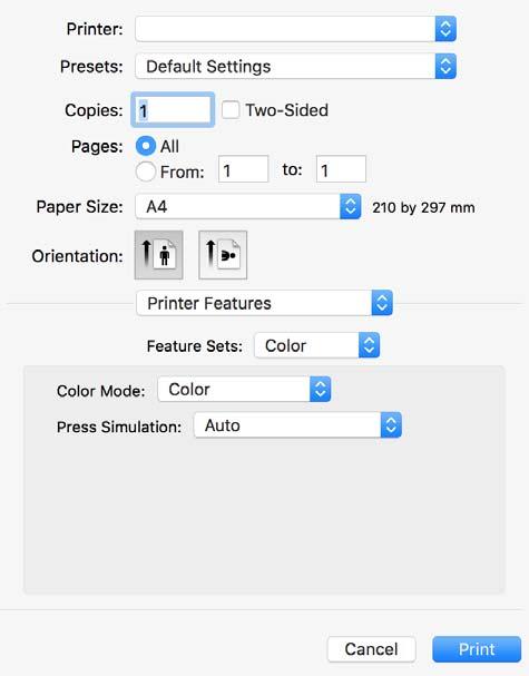 Tulostaminen 7. Valitse Color Feature Sets-asetukseksi ja valitse sitten Color Mode-asetus 8. Valitse Tulosta.