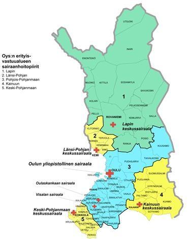 7 Kuva 2 OYS:n erityisvastuualueen sairaanhoitopiirit/5/ 3 OULUN YLIOPISTOLLINEN SAIRAALA Oulun yliopistollisen keskussairaalan rakennustyöt aloitettiin tammikuussa 1968.