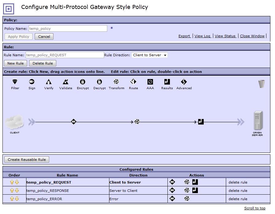 24 Kuva 9. Näkymä prosessointisäännöstöön DataPower-laitteen Multi-Protocol Gateway - palvelussa.