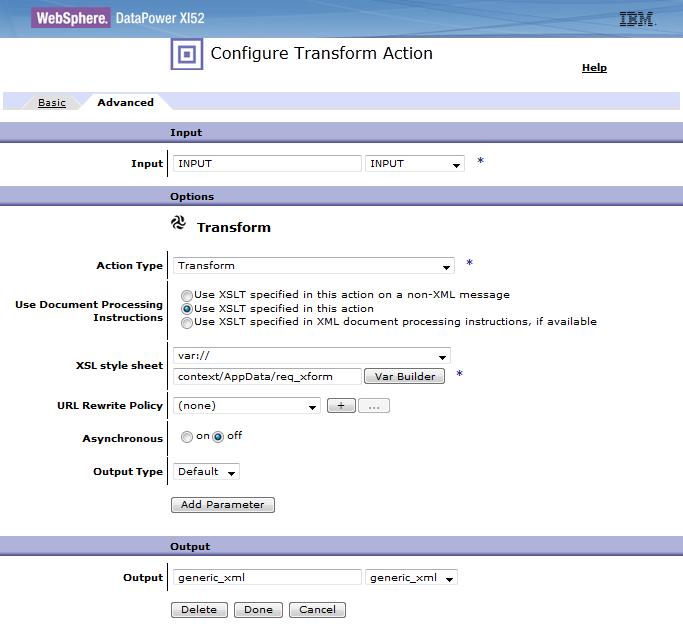 26 Kuva 10. Transform-toiminnon asetusikkuna. Täällä määritetään, mistä muunnostiedosto haetaan. Kuvan esimerkissä tiedosto haetaan DataPower-kontekstimuuttujasta context/appdata/req_xform.