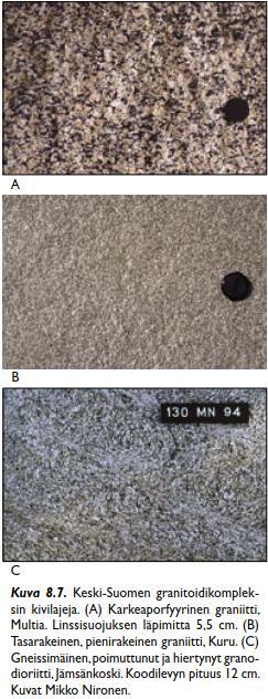 Keski-Suomen granitoidikompleksin kivilajeja Kivet ovat pääasiassa I-tyyppisiä ja niillä on korkeampi rauta/magnesium -suhde kuin ympäröivien liuskealueiden granitoideilla Raahesta Parikkalaan