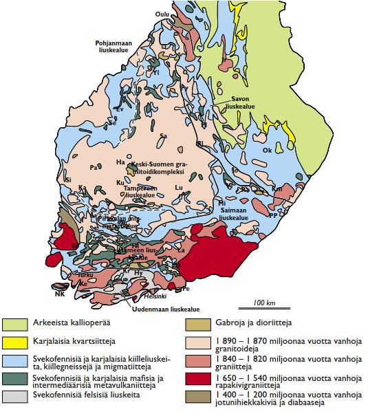 Eteläisen ja keskisen Suomen yleistetty geologinen kartta.