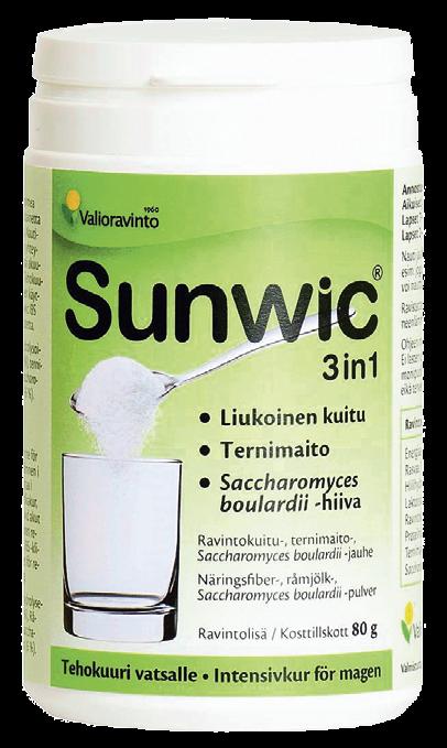 SUNWIC 3 IN 1 Sunwic 3in1 sisältää kolme huolella valittua vatsalle tärkeää ravintoainetta yhdessä: hydrolysoitu guar papukuitu, ternimaitojauhe ja