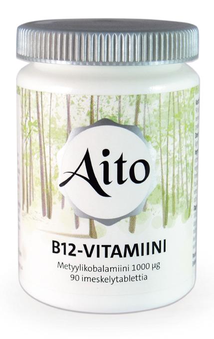 Väsymykseen ja uupumukseen AITO B12-VITAMIINI Aito B12-imeskelytabletti sisältää 1000 µg metyyli kobalamiinia, joka on B12-vitamiinin aktiivinen muoto.