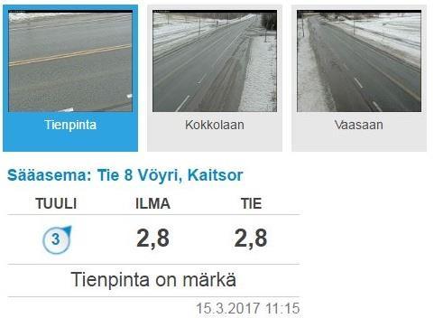 23 matkanteon suunnittelussa, sillä siellä näkyvät myös meneillään olevat tietyömaat. /7, 8/ Kuva 4. Kelikamerakuva vt 8 15.3.2017. /8/ Tiesääasemia suomessa on noin 375 kappaletta.