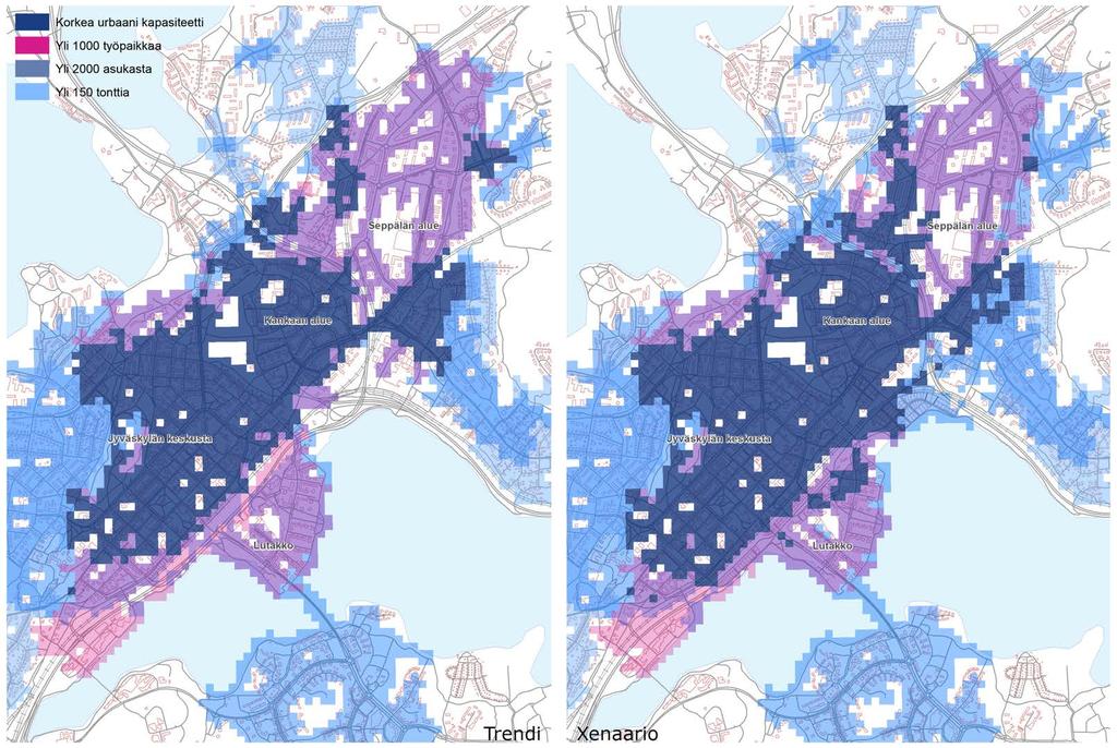 Kuva 18. Urbaani kapasiteetti Trendi- ja Xenaario-mallissa.