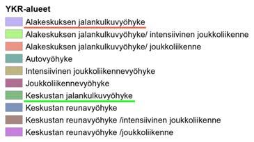 Kuvassa 24 on esitetty Jyväskylässä tehtyjen liikennetutkimusten mukaiset kulkutapajakaumat eri YKR-vyöhykkeillä.
