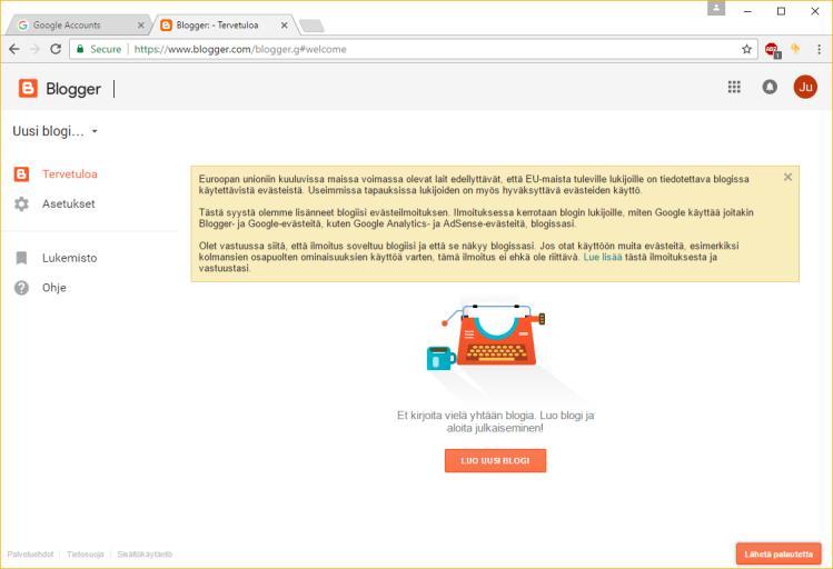 Avaa selain (Chrome) ja mene osoitteeseen blogger.