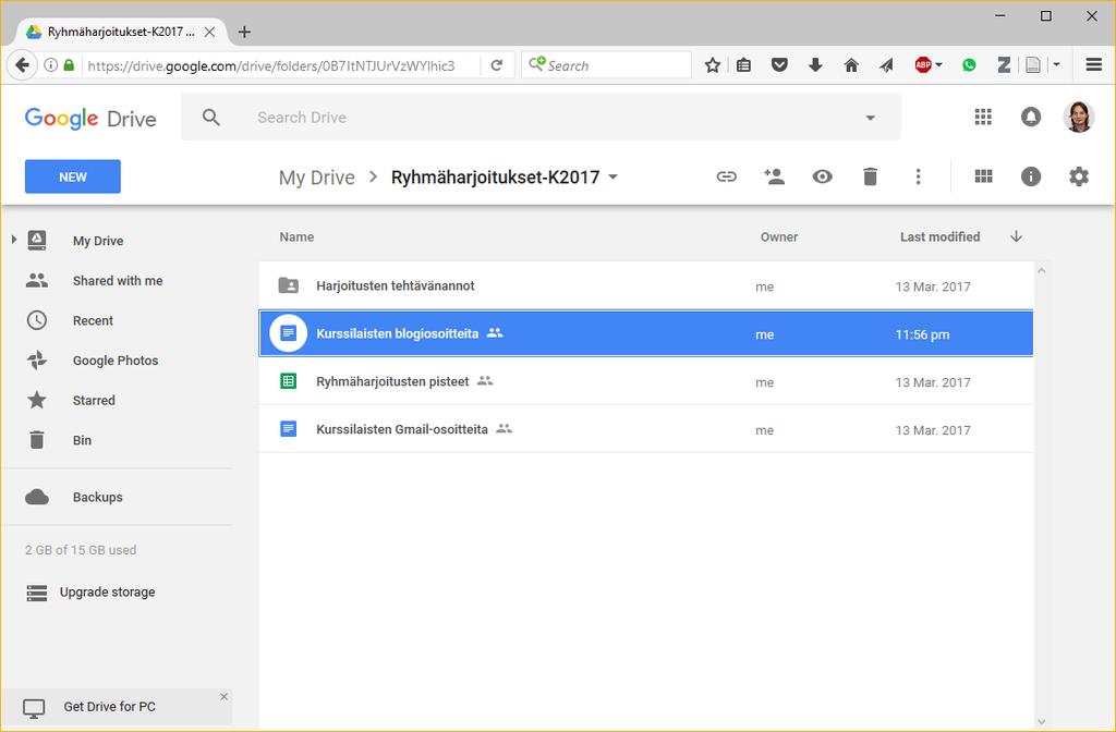 Tehtävä (3/5) Jaa blogisi osoite Google Drivessä jaetun Ryhmäharjoitukset-K2017 kansion dokumentissa Kurssilaisten blogiosoitteita (kuva ylhäällä) Klikkaa Shared with me, ao.