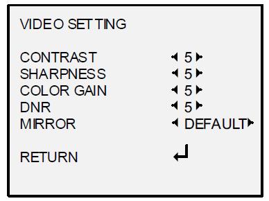 Videoasetus Vie kursori VIDEO SETTING -kohtaan ja siirry alavalikkoon painamalla vahvistuspainiketta. CONTRAST-, SHARPNESS-, COLOR GAIN-, DNR- ja MIRROR-asetukset ovat säädettävissä.