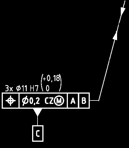 Toleranssialueet suunnataan ja paikoitetaan peruspintojen A ja B suhteen Kolmen reiän ryhmä muodostaa peruselementin C Reikäryhmää koskee