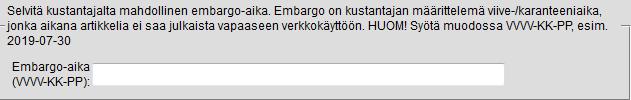 Kenttään tallennetaan kontrolloidusta sanastosta tarkistettuja asiasanoja pilkulla erotettuna, ei ketjutettuja asiasanoja. Sivumäärä kenttään tallennetaan sivujen kokonaismäärä julkaisussa.