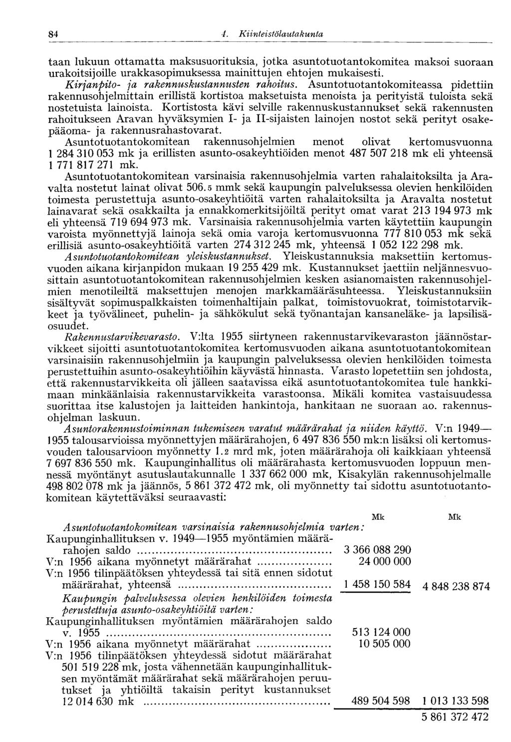 60 4. Kiinteistölautakunta 84 taan lukuun ottamatta maksusuorituksia, jotka asuntotuotantokomitea maksoi suoraan urakoitsijoille urakkasopimuksessa mainittujen ehtojen mukaisesti.