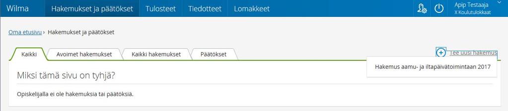 Hakeminen perusopetuksen aamu- ja iltapäivätoimintaan Wilmassa Hakeminen perusopetuksen aamu- ja iltapäivätoimintaan tapahtuu Wilmassa Hakemuksen ja päätökset - sivun kautta.