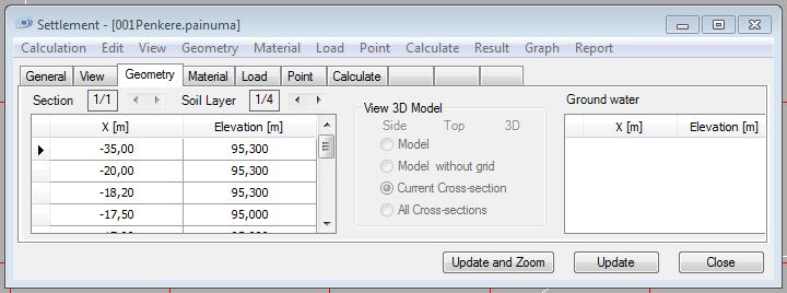 4.3 Laskennan poikkileikkausgeometria Geometry-välilehdellä määritellään laskennassa käytettävien maakerrosten, kallion, pohjaveden ja orsiveden geometria