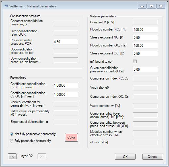.. 143 Ohjelma avaa Settlement Material parameters ikkunan.