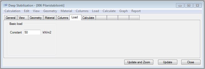 6.6 Kuormitus Load välilehdellä muokataan kuormitusta vastaamaan penkereen maapohjaan aiheuttamaa kuormitusta.