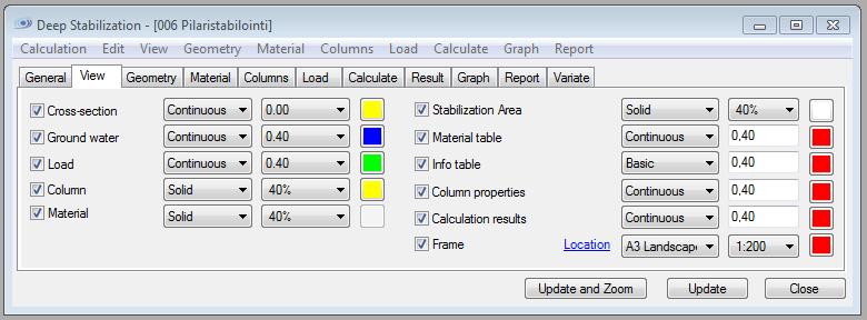 Palataan Deep Stabilization laskentamoduuliin ja asetetaan View välilehdellä piirtoasetukset: 172 Material kohdasta pystytään muokkaamaan maakerrosten näkyvyyttä tulostuksessa.